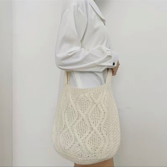 Off White Crochet Knit Handbag Shoulder Bag Crossbody Purse Nwt - Picture 6 of 8